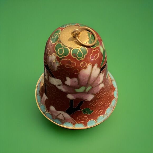 VTG Cloisonné Enameled Brass Bell Floral Design Brown Gold Toned Trim 2” High - Picture 6 of 12